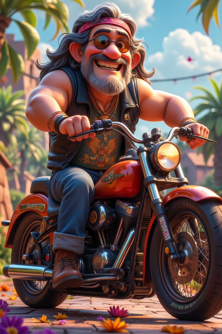 In a vibrant cartoon-style illustration, depict a chubby elderly bald  hippy man, with a goatee beard,  sitting proudly on his old Harley motorcycle. The man has a laid-back, carefree expression, with a broad smile that speaks of years of peace, love, and adventure. He wears round, tinted sunglasses that reflect the bright sun, giving him that classic hippy vibe. His long, gray hair flows down to his shoulders, with a few strands peeking out from beneath a colorful bandana tied around his head.

He’s dressed in a black tshirt and black sleeveless leather jacket , faded jeans, and worn leather boots that have clearly seen many miles. His Harley motorcycle, a vintage model, is detailed with classic features, including chrome accents, a slightly rusted frame, and a well-worn leather seat. The bike is adorned with stickers and patches from various music festivals and peace rallies, adding character to the scene.

The background could show a peaceful, open road with a hint of the countryside. The overall mood is one of nostalgia, freedom, and a deep connection to the hippy spirit of the '60s and '70s