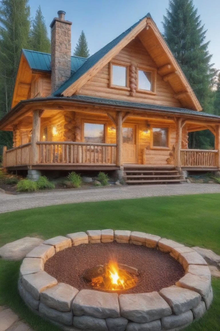 please cerate a 2 storey round log cabin, there is a vernadan all around it, it a scene of beauty and tranquility, dogs run around the front yard, trees and shrubs adorn the lawn as well as a pebble walkway and trees align it, Nature,zhibi