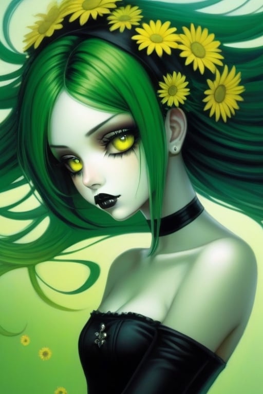 Create an close up of a female with long, green hair flowing, a few yellow little daisies ar in her hair, wearing a black strapless dress, her eyes a reflection of her soul,fflixmj6,goth person