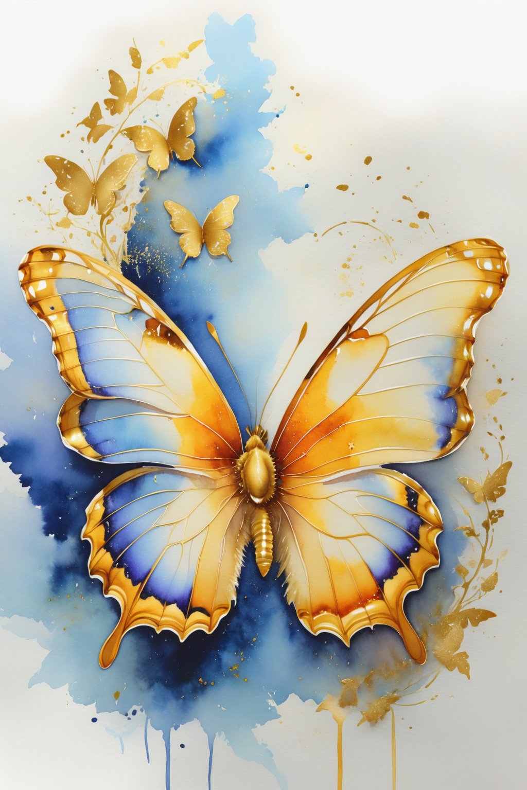 create a beuatiful watercolour butterfly with essences of gold on the edge of  its wings,watercolor \(medium\),fantasy_butterfly