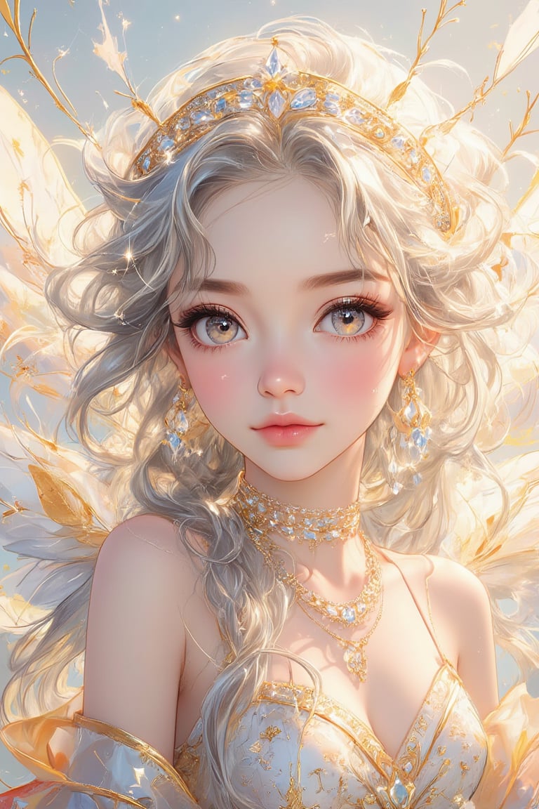 Masterpiece, Professional, Top Quality, High Resolution, High Detail, Perfect Detail,1 cute angel, super cute and beautiful, radiant, all gold angel outfit, silver long hair, , angel wings,  crown, crystal headwear, crystal necklace, earrings, 8k wallpaper, (masterpiece), (best quality), (ultra fine), dynamic angle, cute anime face and details, , sparkling,  super long hair, 