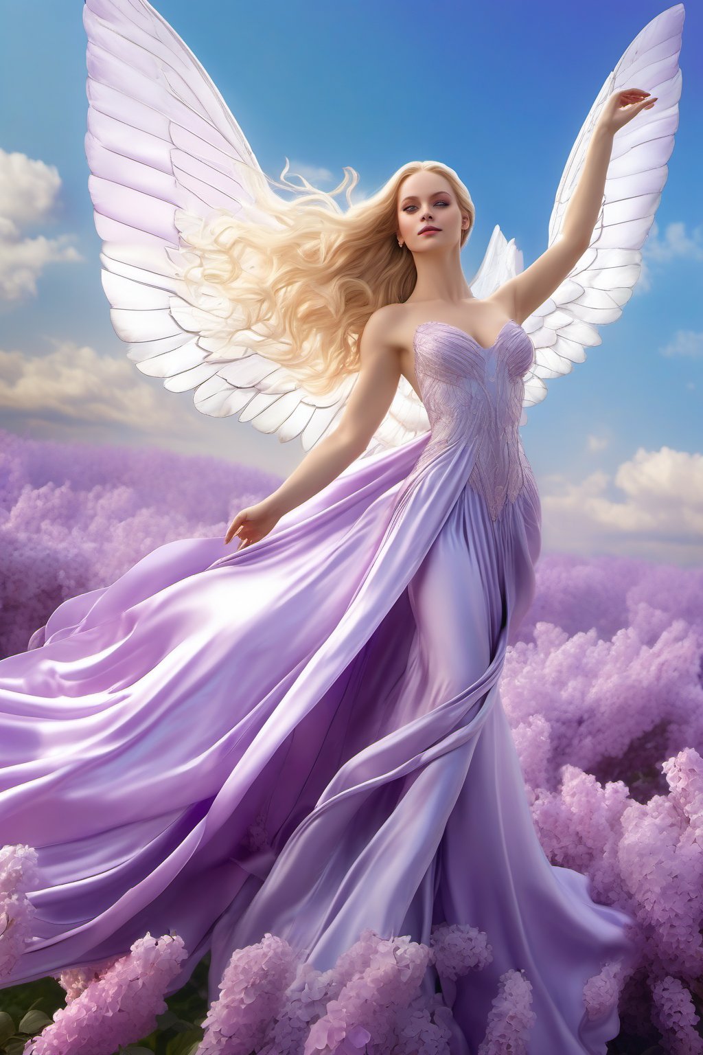 the scene is an agel in the sky, her wings are spread as she hovers in the sky, her beautiful  lilac silk gown floats around her, her long blonde hair floats around her, she is looking at the viewer. High quality, high resoltion.