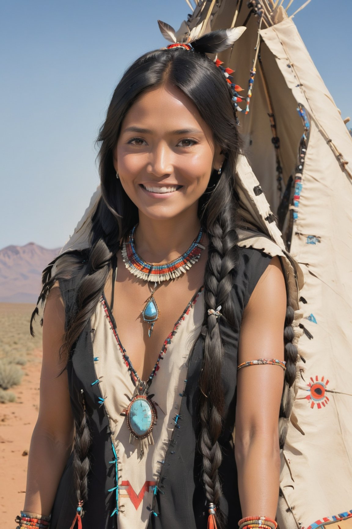 please create me an image an navajo indian teepee, the female elder is standing in her full traditonal dress and jewels, her long black hair is in a braid over her shoulder, smiling, Native American,more detail XL