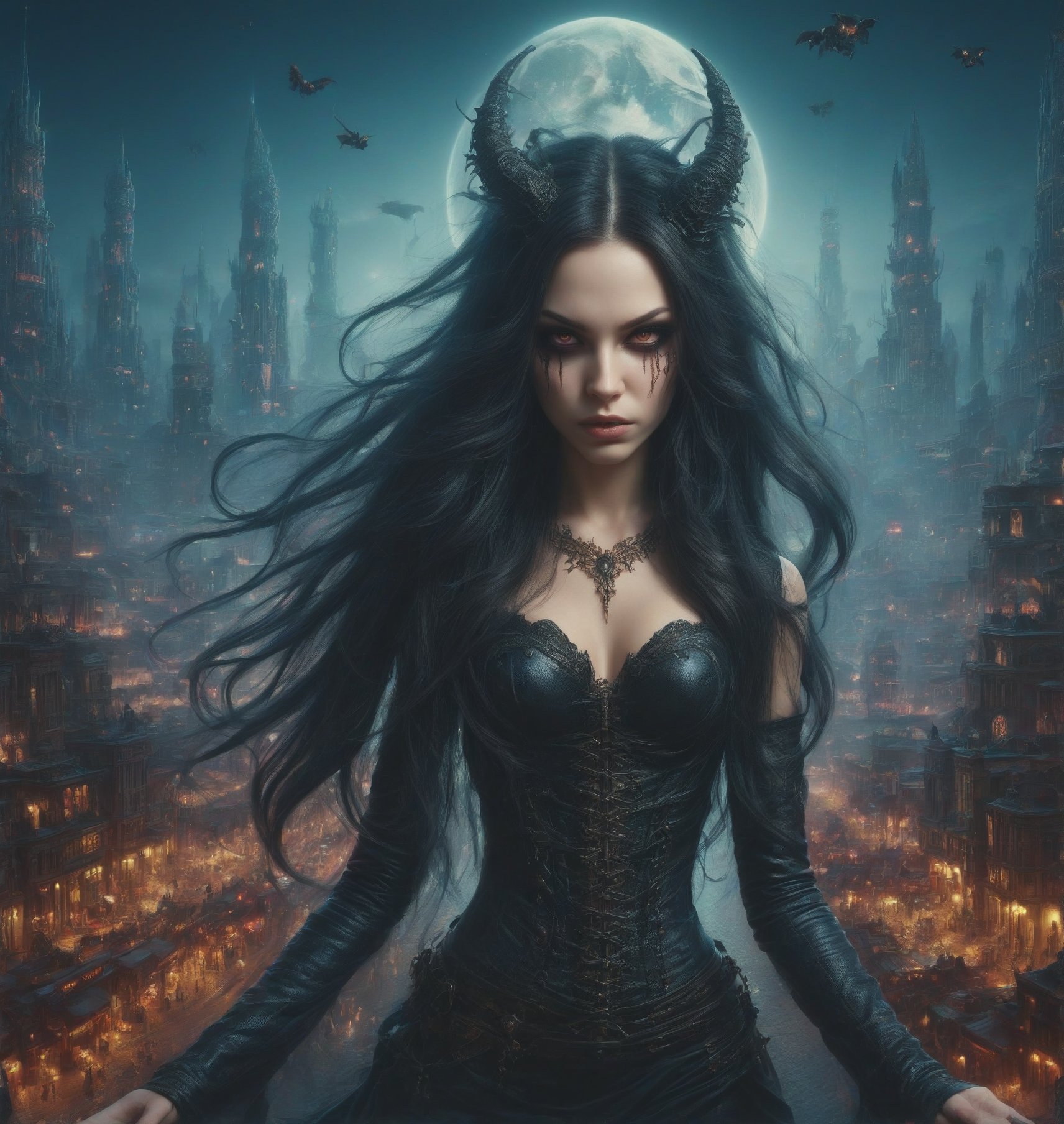 a succbus female, evil, dark, , long flowing hair, beautiful, ImaginaryCityScapes