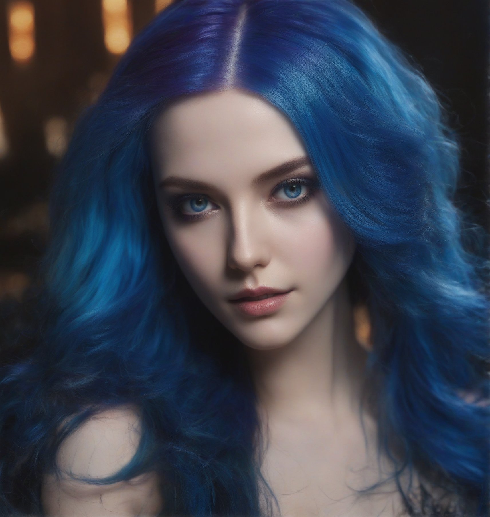 a banshi female, evil, dark, , long flowing bright blue hair, beautiful ,DonMP41n717Bl4ckXL
