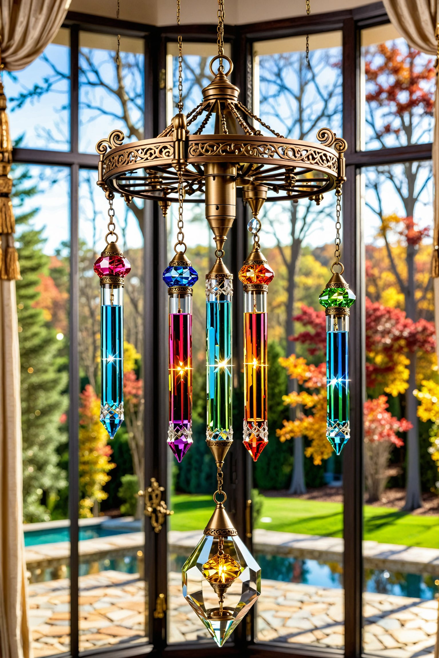 create a unique ornate mix of the below hanging on a pendulem, made of glass, crystal clear,colorful reflections