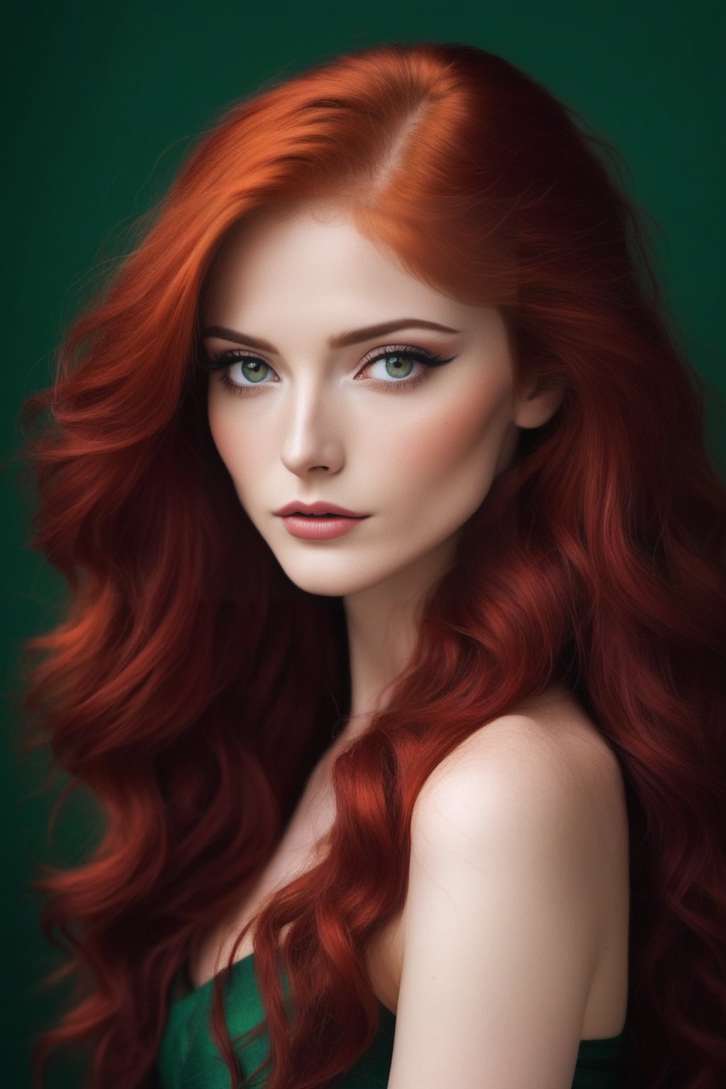  a beauty like no other, with vibrant red hair, eyes of emerald green, hair so gold it glistens