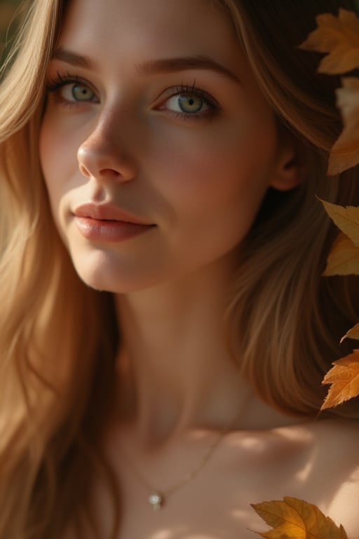 Beautiful soft light, (beautiful and delicate eyes), very detailed, pale skin, (long hair), dreamy, ((front shot)), soft expression, bright smile, art photography, fantasy, jewelry, shyness, soft image, masterpiece , ultra-high resolution, color, very delicate and soft lighting, details, Ultra HD, 8k, highest quality, silhouette of a woman in the fallen leaves, dual screen,