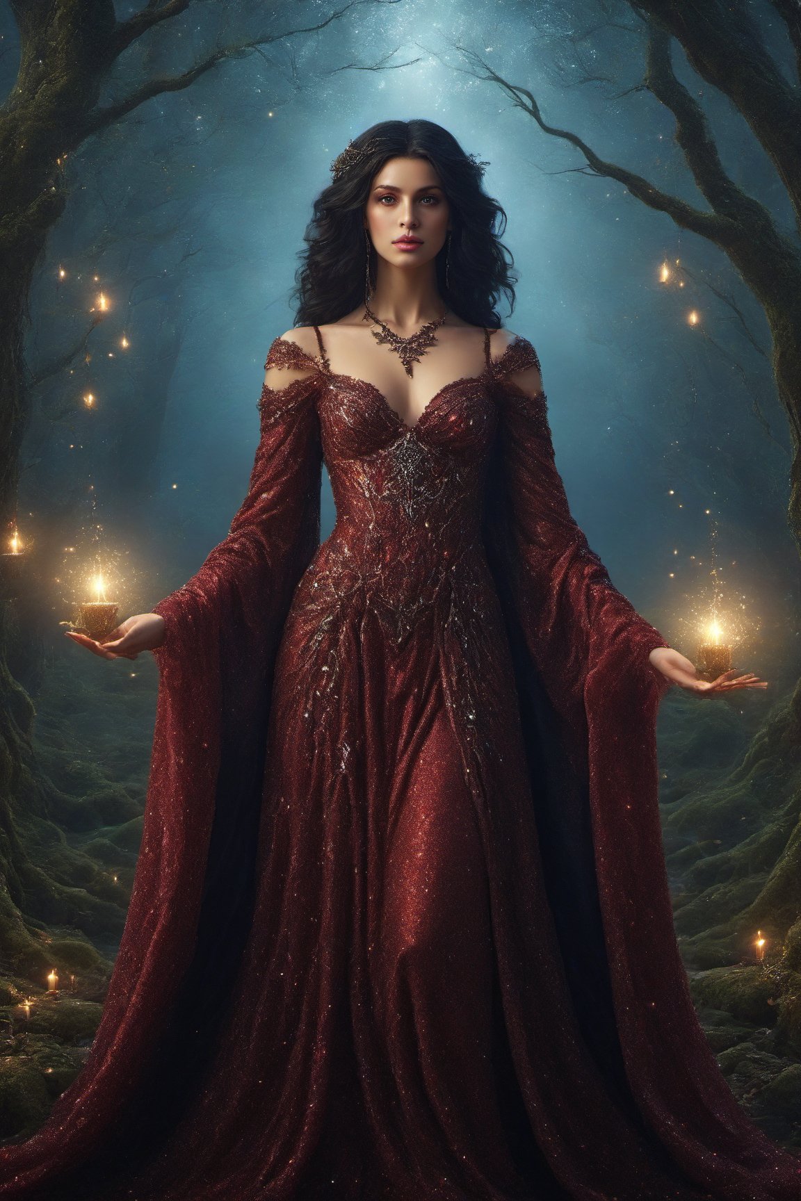 A beautiful witch wearing red robe, looking at the camera on a starry night,her jet black hair hangs over her shoulders in an enchanting forest, surrounded by mystical atmosphere and magical ambiance, glitters, glowing particles, misty. (masterpiece, top quality, best quality, official art, beautiful and aesthetic:1.2), (1girl:1.4), upper body, blonde hair, portrait, extreme detailed, fantasy art, intricate arcane wiccan designs, ,yennefer ,garter straps,glitter,fairytale