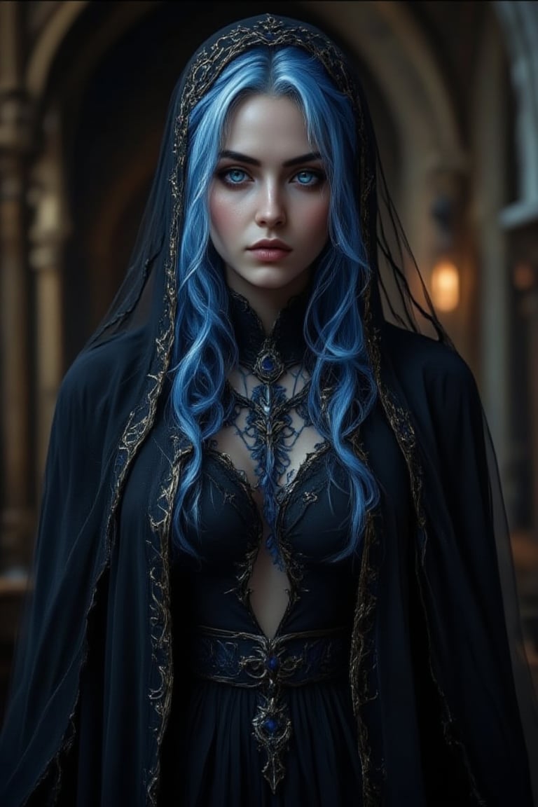 A Byzantine gothic style girl in monastery, black head-cloths and veils. bright blue hair(masterpiece, top quality, best quality, official art, beautiful and aesthetic:1.2), (1girl:1.4), portrait, extreme detailed, highest detailed, simple background, 16k, high resolution, perfect dynamic composition, bokeh, (sharp focus:1.2), super wide angle, high angle, high color contrast, medium shot, depth of field, blurry background