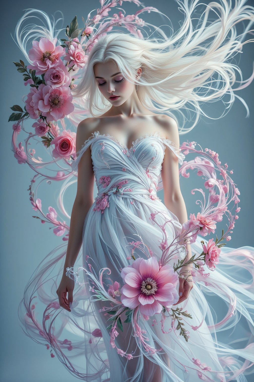 A (((full body shot))) of a (((stunning  albino woman))) whose white hair ((flows gracefully)), blending with the (((softly swirling petals))) of a (pastel coloured  flower) that gently twirls around her form,  her eyes drawn with ultra-detailed long lashes, that captures the essence of natural beauty and elegance, close up 1.3. 