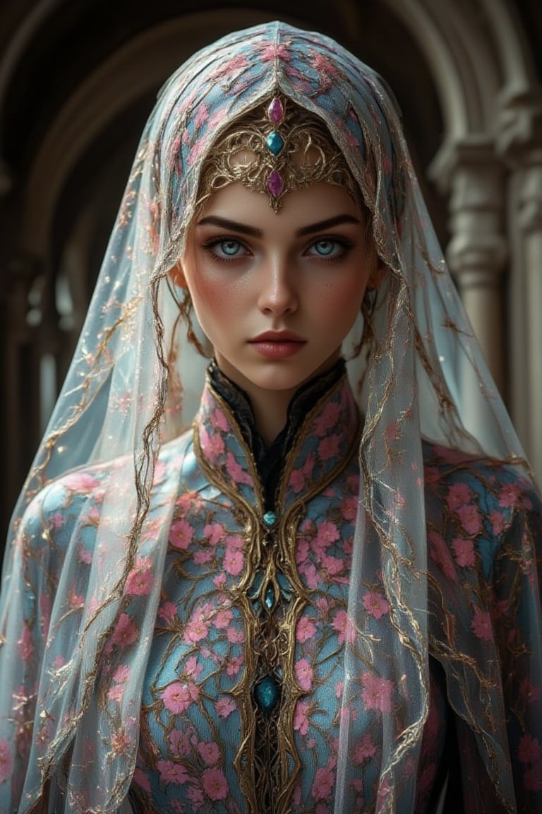 A Byzantine gothic style girl in monastery, pastel head-cloths and veils. (masterpiece, top quality, best quality, official art, beautiful and aesthetic:1.2), (1girl:1.4), portrait, extreme detailed, highest detailed, simple background, 16k, high resolution, perfect dynamic composition, bokeh, (sharp focus:1.2), super wide angle, high angle, high color contrast, medium shot, depth of field, blurry background