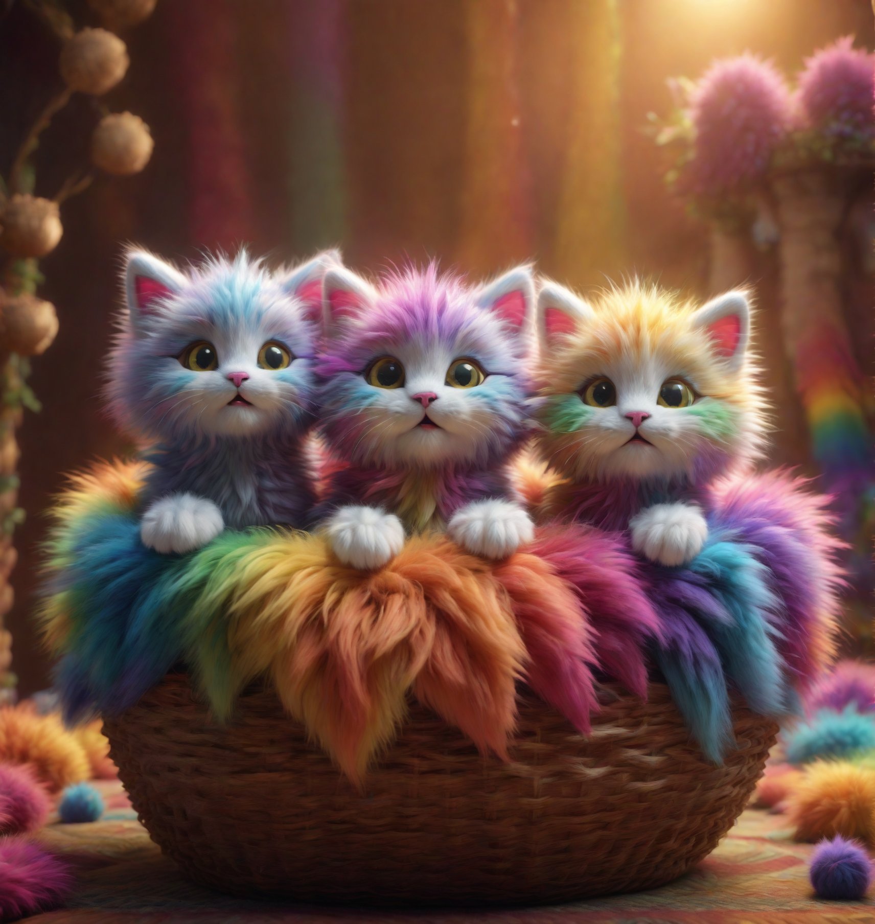 five kittens, all fluffy and of different colours patterens, stting inside a wicker cat basket that has a blanket inside it, the kittens are sotting looking up, they are so sweet and cute,realistic,Rainbow kitten ,Furry