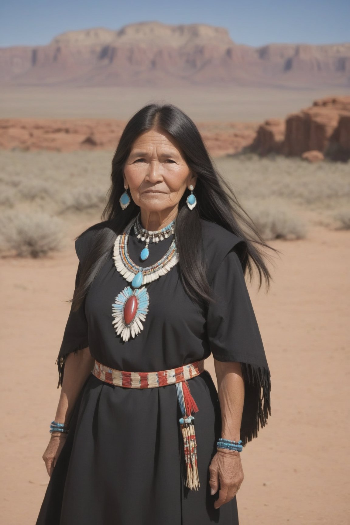 please create me an image an navajo indin village, the female elder is standing in her full traditonal dress and jewels, her long black hair is in a brad over her shoulder,Native American