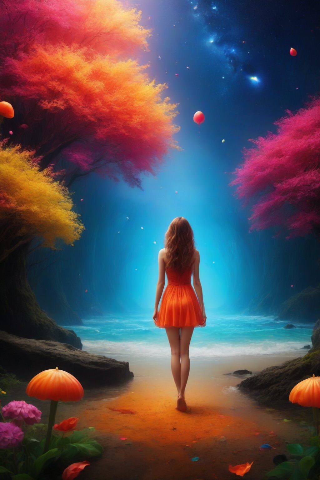 create a mysterious, captivating image, background is bright and colourful