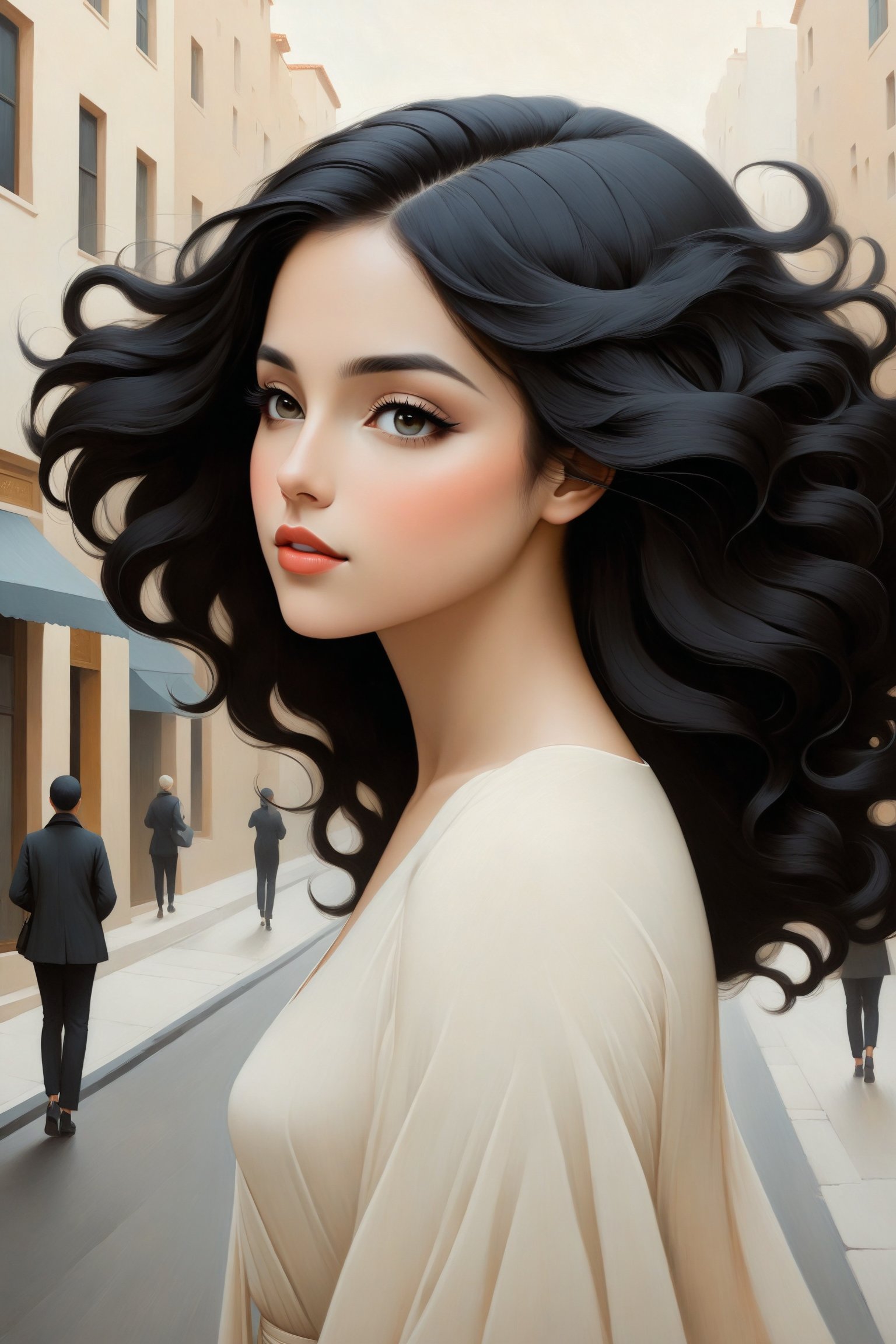 she is walking dpwn the street, beautiful, she is looking up, slight smile on her lips, her hair is long black,  high defintion, highly detailed, serene, hayv kahraman inspired art