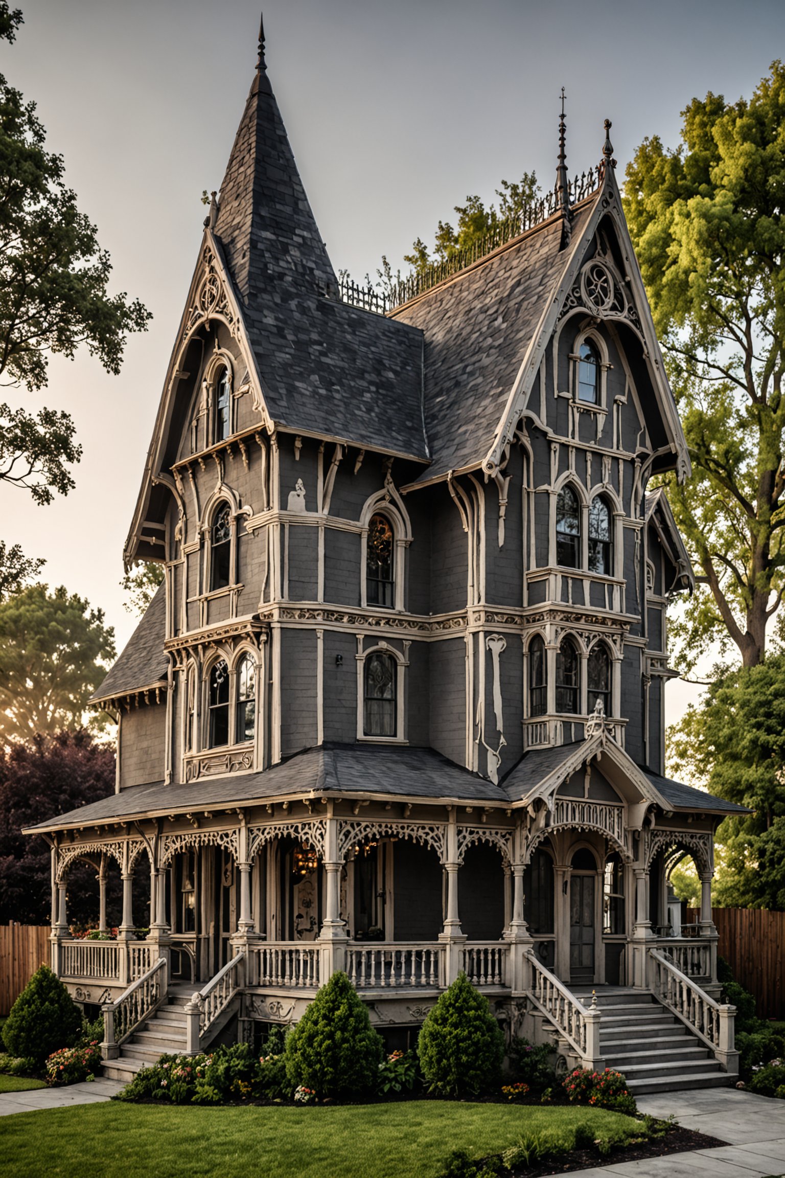 Victorian Gothic Style House - Originated in the United Kingdom in the mid-19th century, characterized by a pointed arch, steep pitched roof, and decorative details such as tracery and finials, inspired by medieval Gothic architecture