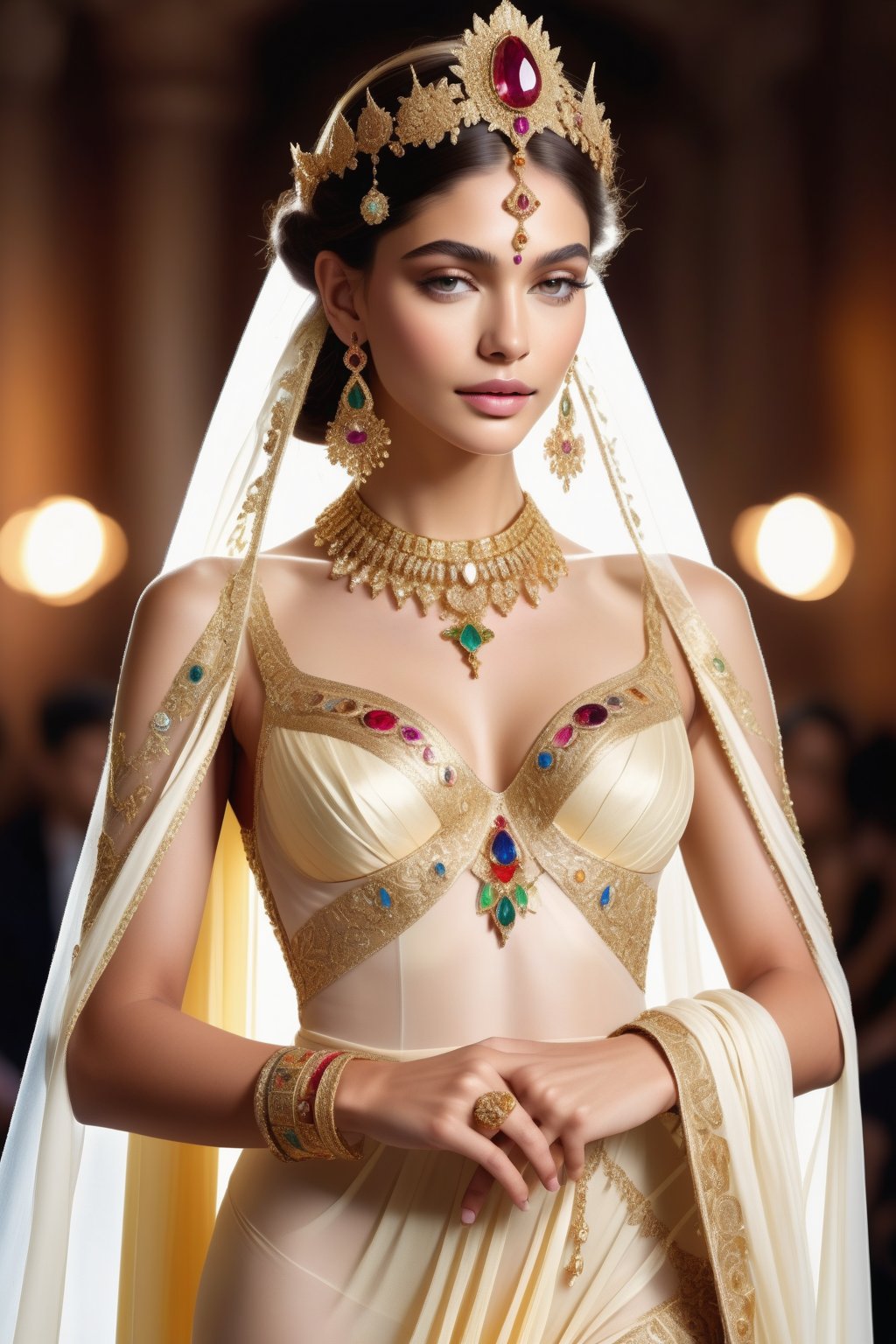 create a goddess of utter beauty, adorned in her jewels and her dresses made of sheer silk, 