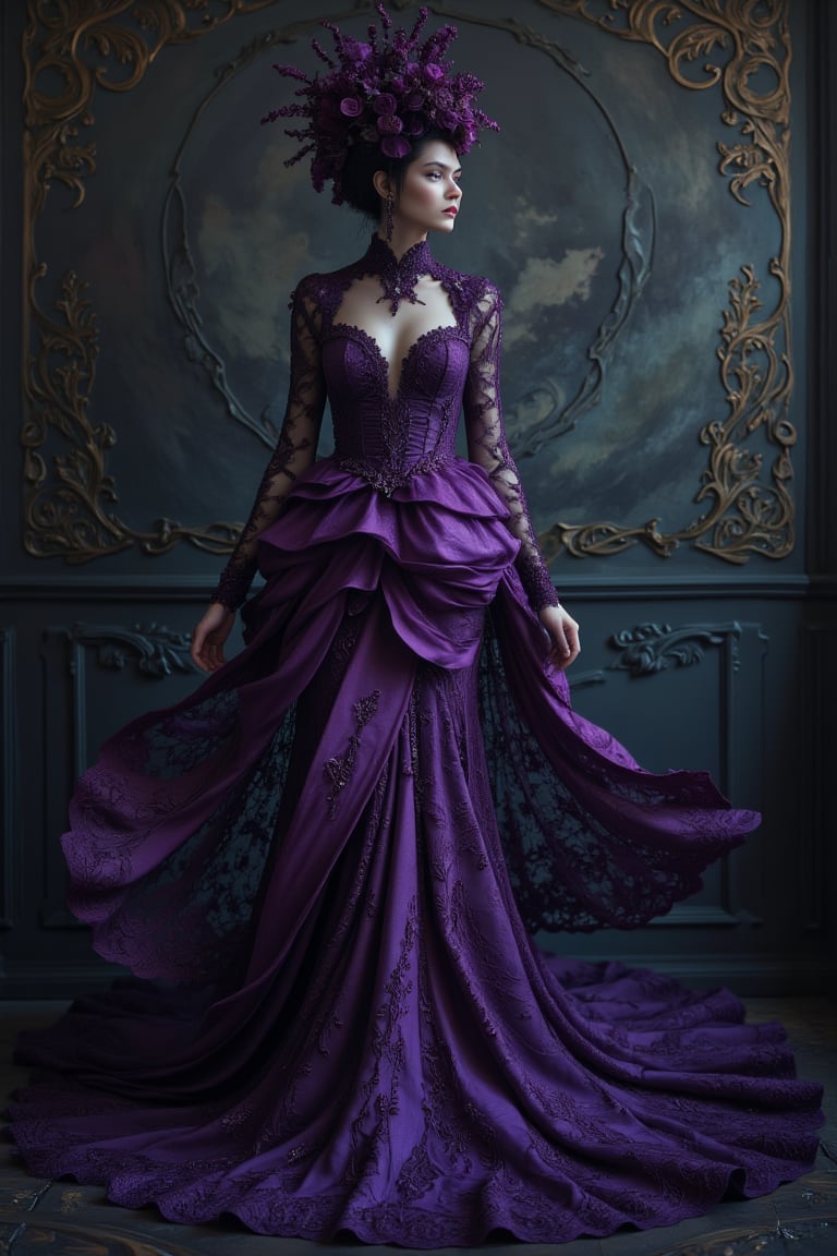 gothic, billowing gown, lace , everthing is purple--style raw, zaya, hayv kahraman style