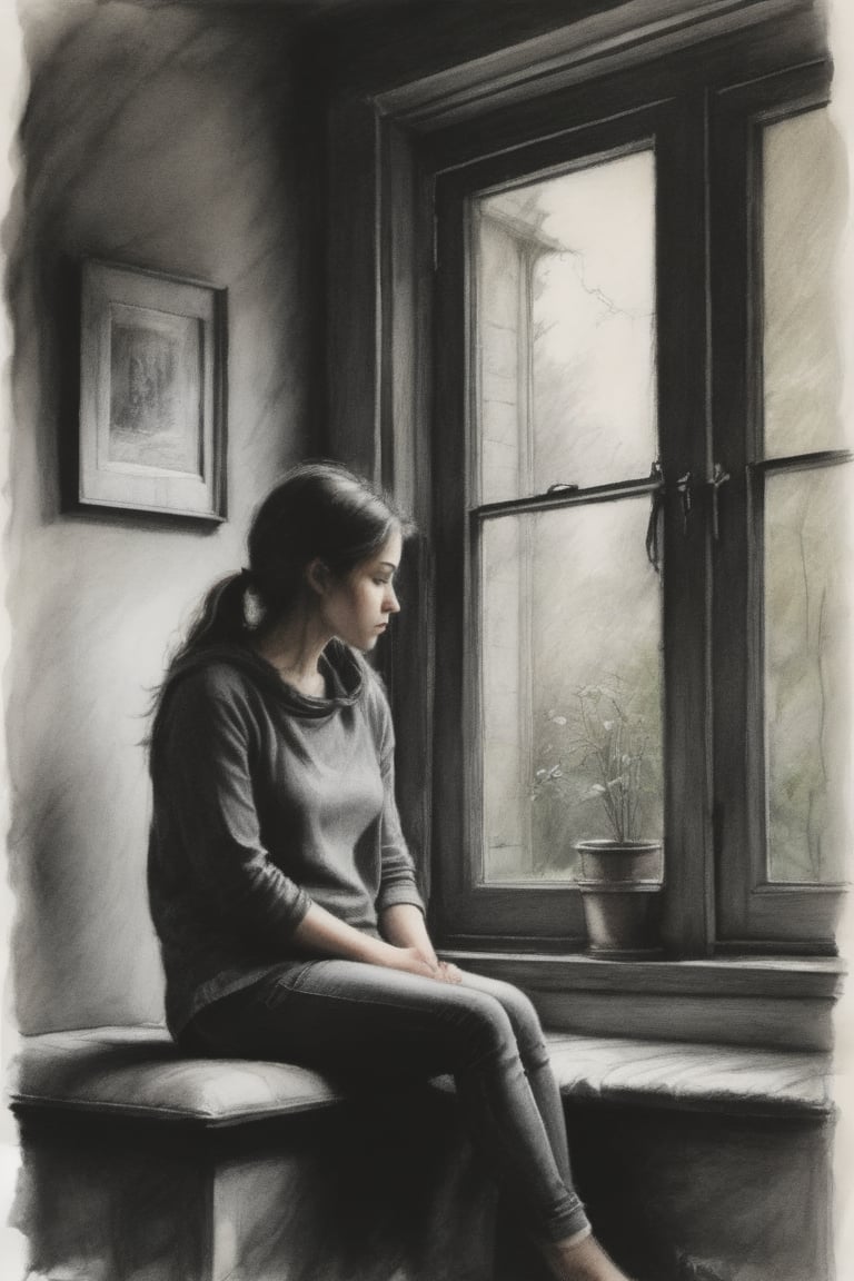 A sketch of a girl sitting at her bay window, appearing deep in thought, with a background and surroundings that evoke comfort. ,Charcoal drawing,Sketch,dark moody atmosphere