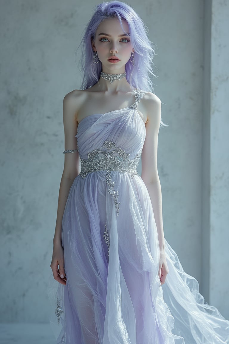 1 girl, albino goth girl, with y smokey eyes, lilac  hair, White eyebrows ,long single strap dress, wite sandals