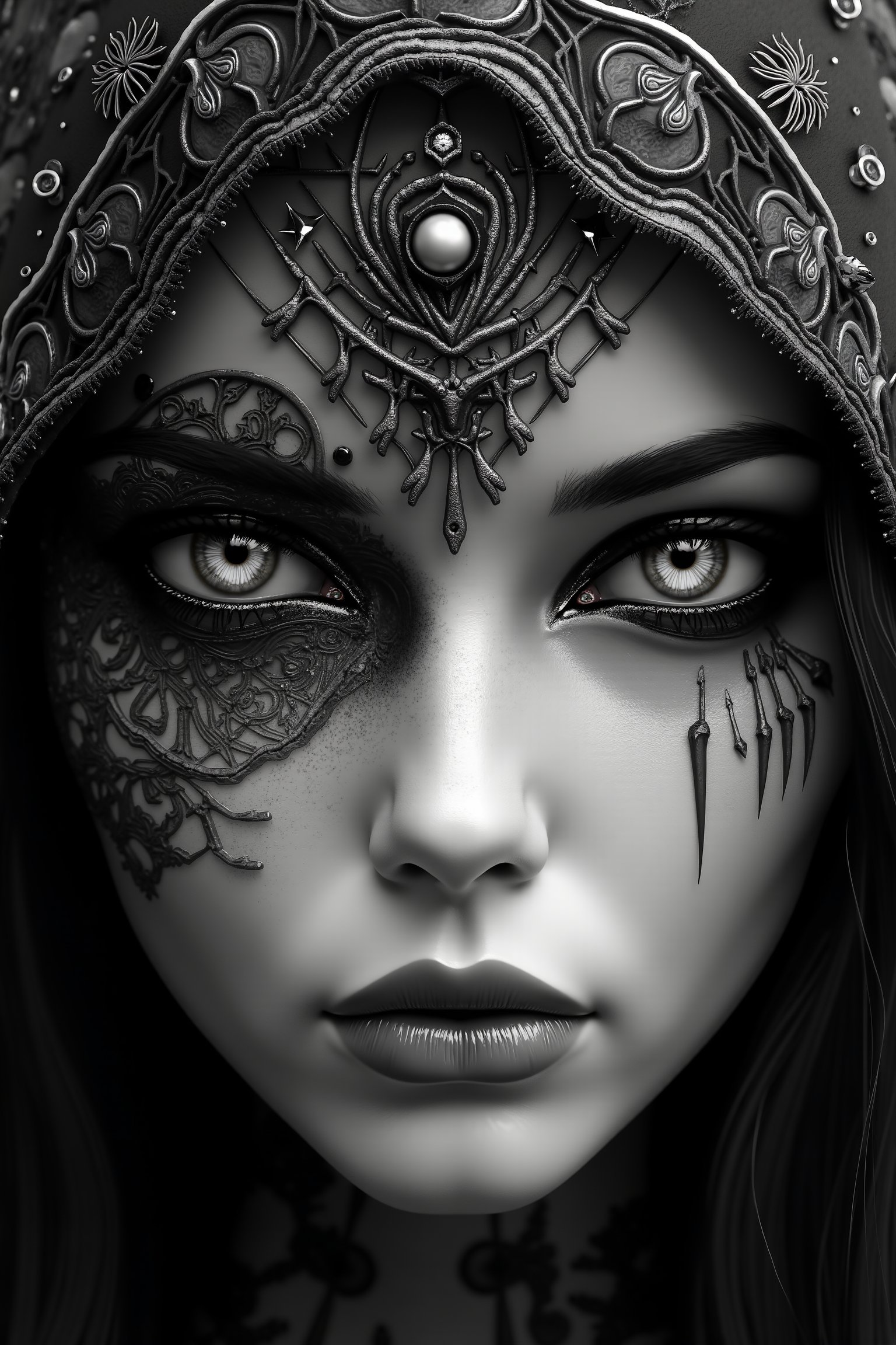 (Black and white, intricate details, close-up of a woman's face with an intricate design, 3DCGI anime fantasy artwork, necro, detailed patterned skin, abstract fragments, impressive eyes, mixed media, 3D rendering Silver painting, symmetrical beauty, ambient occlusion rendering, psytrance), Detailed Textures, high quality, high resolution, high Accuracy, realism, color correction, Proper lighting settings, harmonious composition, Behance works,ct-niji2,xxmix_girl,goth person