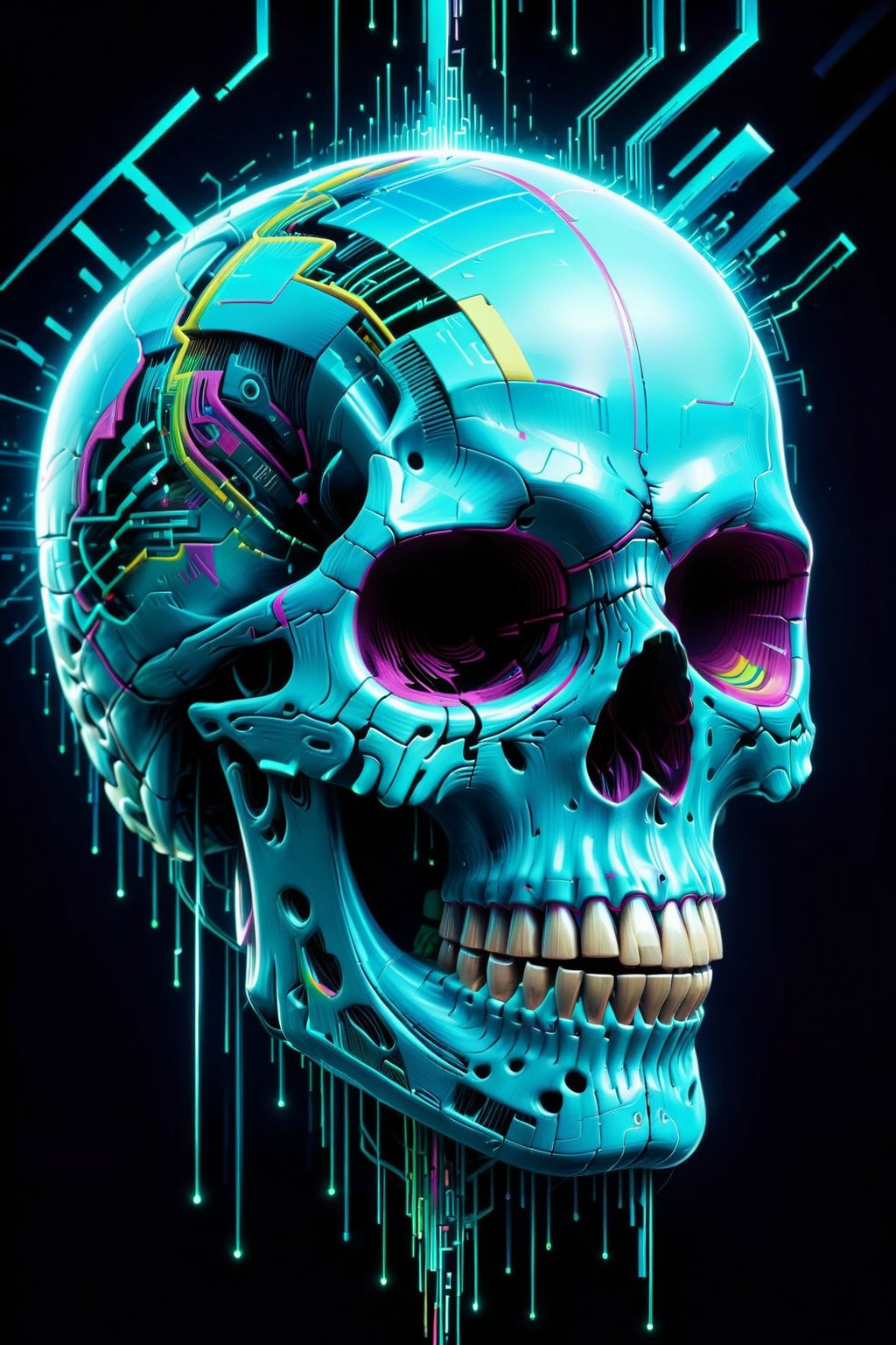 create a random vision, Glitched skull, art_booster,mad-cyberspace