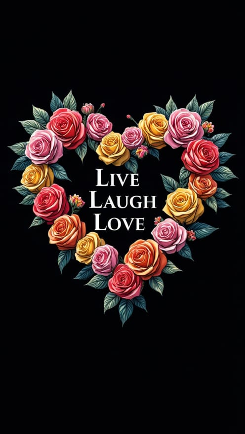 Logo badge. Designa small  gothic font style logo that features colourful roses layed out on the shape of a heart. Position the text 'Live Laugh Love ' The color scheme should prominently feature chrome, along with vibrant colors for the flowers to make the logo stand out.