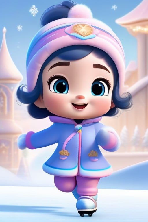 A group of friends decides to visit the outdoor ice-skating rink, all of them happy and having fun. Among them, a cute girl with sapphire-colored hair stands out. She glides gracefully in a cute pink winter jumpsuit, her joyful expression radiating as she skates happily away,Colors,disney pixar style,xuer shang dynasty,chibi