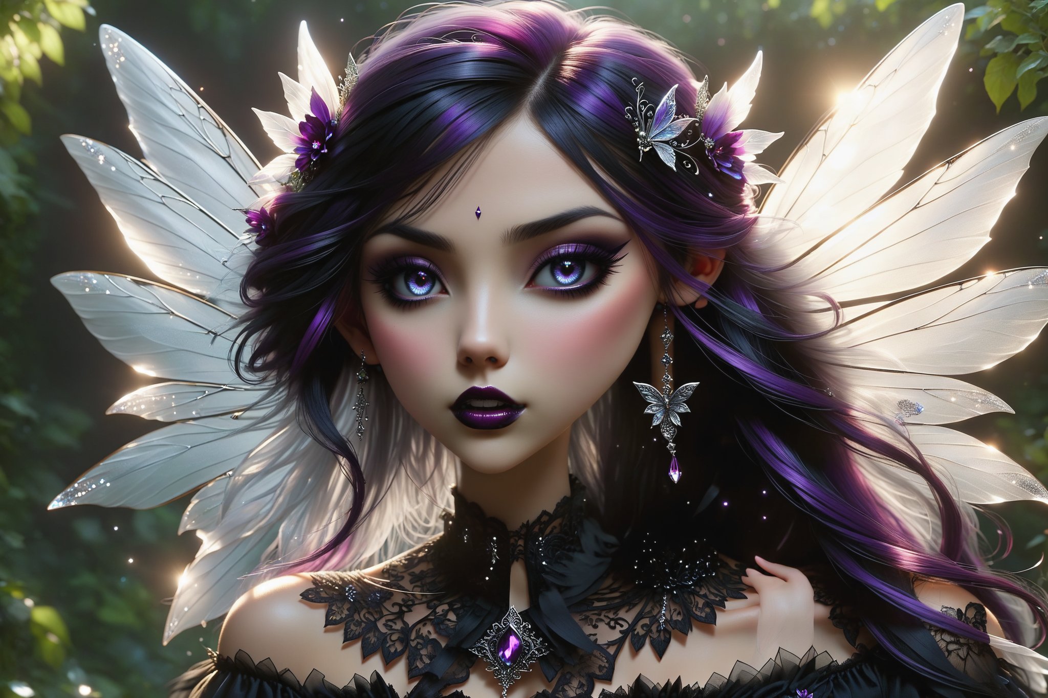 create me a fairy/goth/fanatsy hybrid,  her mouth is slightly open