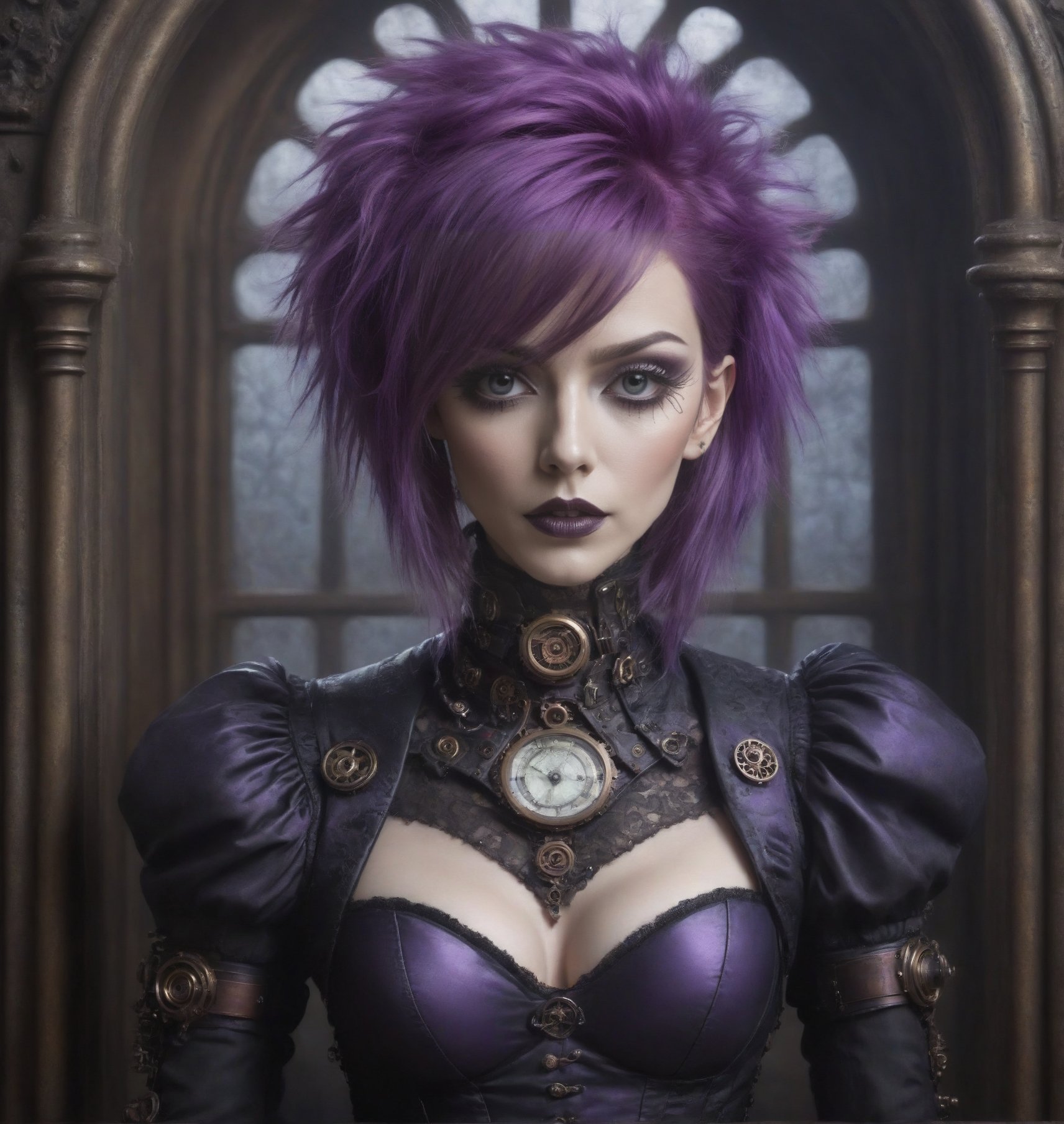 steampunk, gothic & cyborg combination, with purple hair, ornate surroundings, victorian era, unique looking,goth person,c1bo