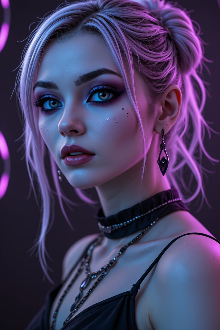 extreme close up, 1 girl,  boho/goth girl, with  smokey goth makeup ,lilac hair in a bun, tendrils hang down , long single strap black dress, black sandals, jewels, hayv kahraman style,Neon