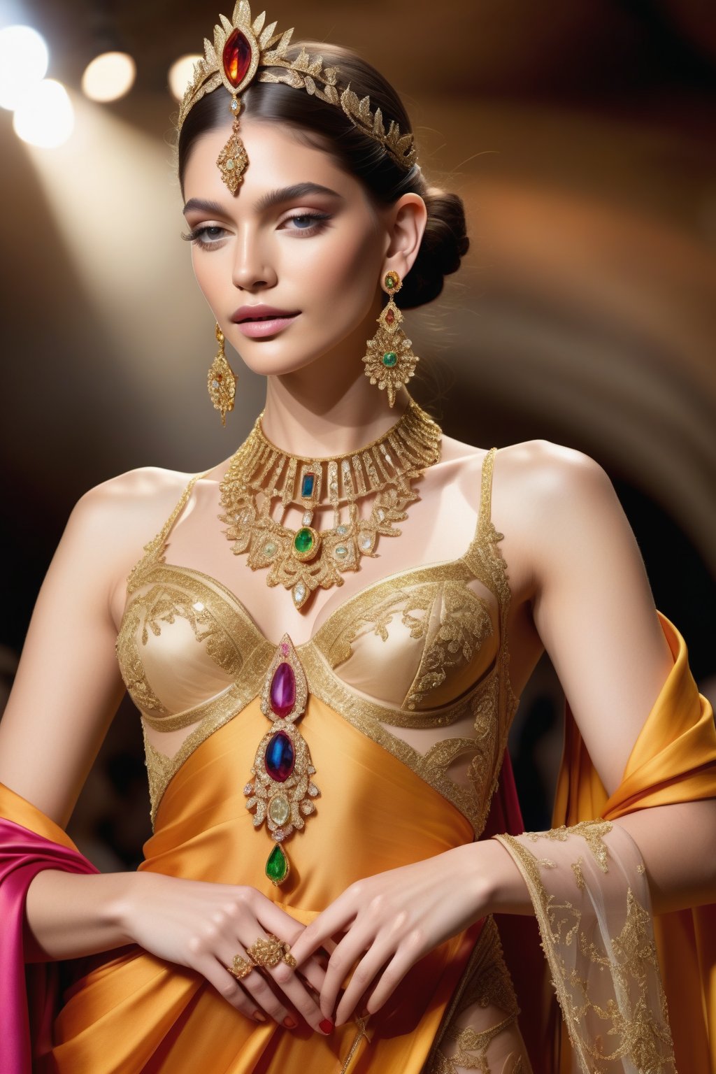 create a goddess of utter beauty, adorned in her jewels and her dresses made of sheer silk, 