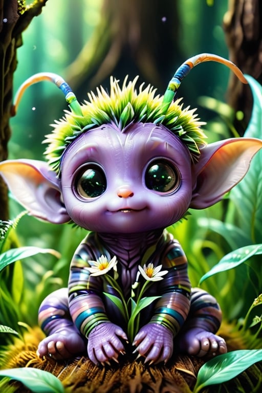 On a tiny alien planet, a cute, tiny alien man sits on the soft, purple grass. He has big, expressive eyes and a friendly smile, his small, green body adorned with tiny antennae. Beside him is his only friend, a little alien caterpillar with vibrant, glowing stripes and many tiny legs. They are both just hanging out, enjoying each other's company, the serene landscape around them dotted with strange, luminescent plants and twinkling stars in the sky. The bond between them is evident as they share a simple moment of companionship.,zhibi