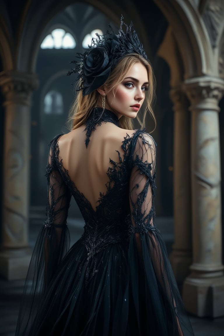 A  gothic style girl in gothic/victorian monastery, . (masterpiece, top quality, best quality, official art, beautiful and aesthetic:1.2), (1girl:1.4), portrait, extreme detailed, highest detailed, simple background, 16k, high resolution, perfect dynamic composition, bokeh, (sharp focus:1.2), super wide angle, high angle, high color contrast, medium shot, depth of field, blurry background