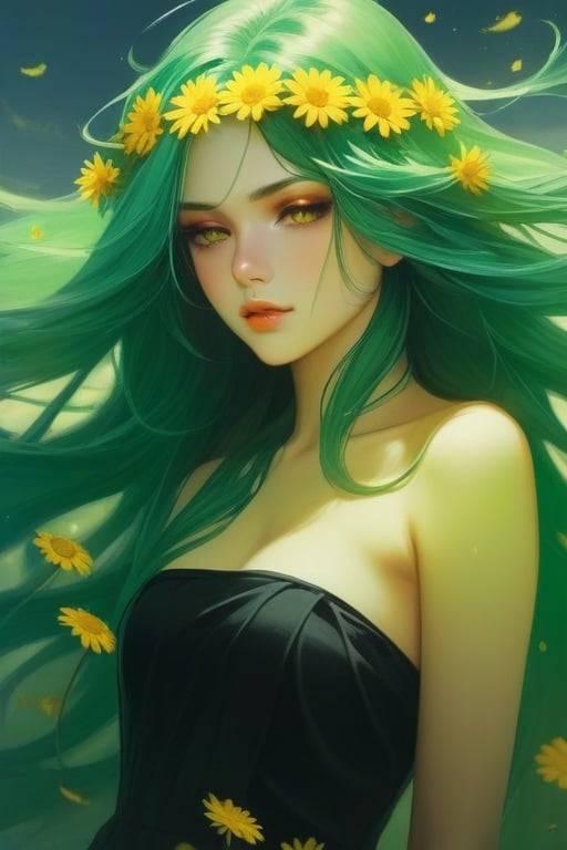 Create an close up of a female with long, green hair flowing, a few yellow little daisies ar in her hair, wearing a black strapless dress, her eyes a reflection of her soul,fflixmj6