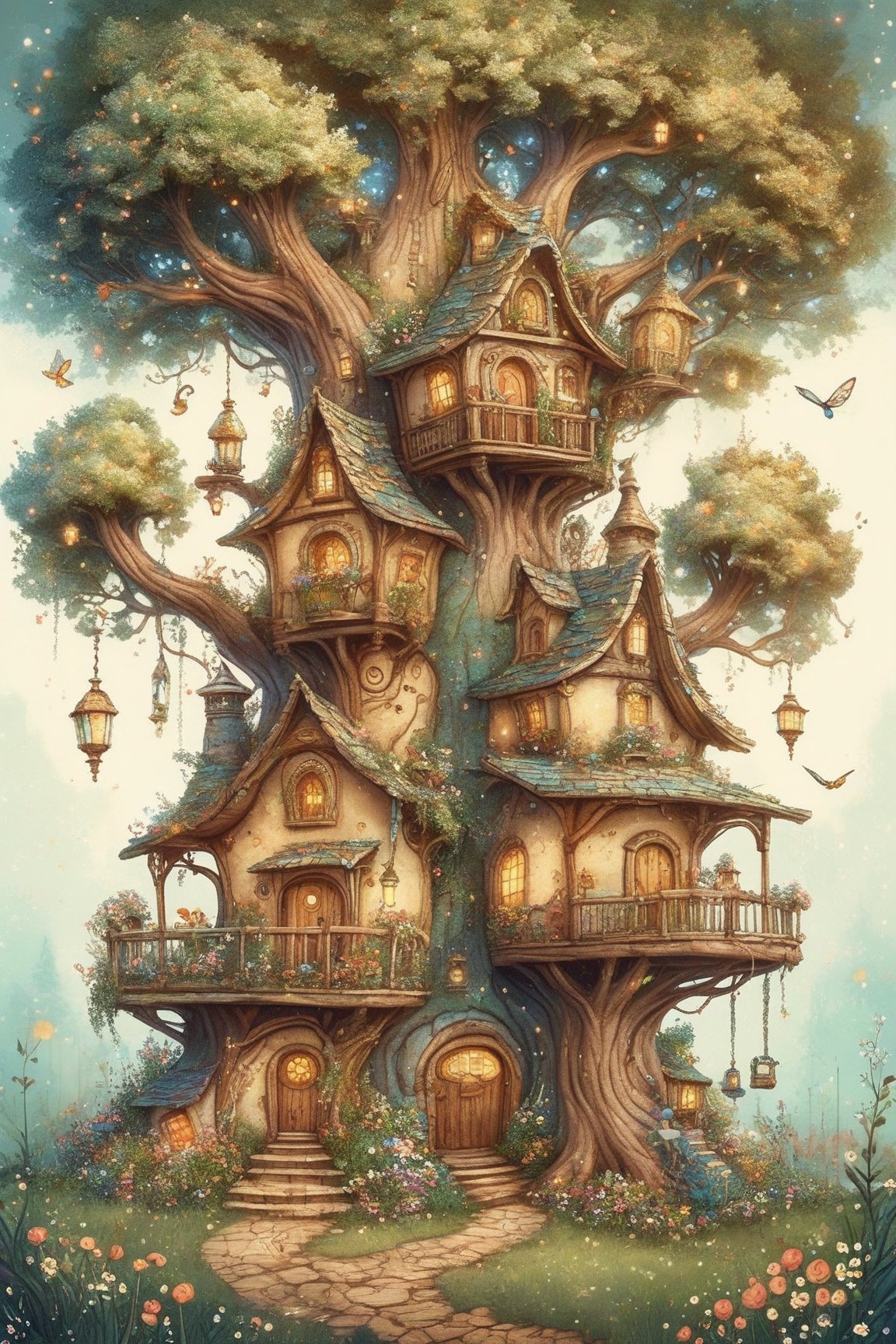 create an image of a big tall busy whimsical treehouse, there are windows and doors, a winding staircase windfs up the side of the tree, there are little flower gardens around and grass ,glitter