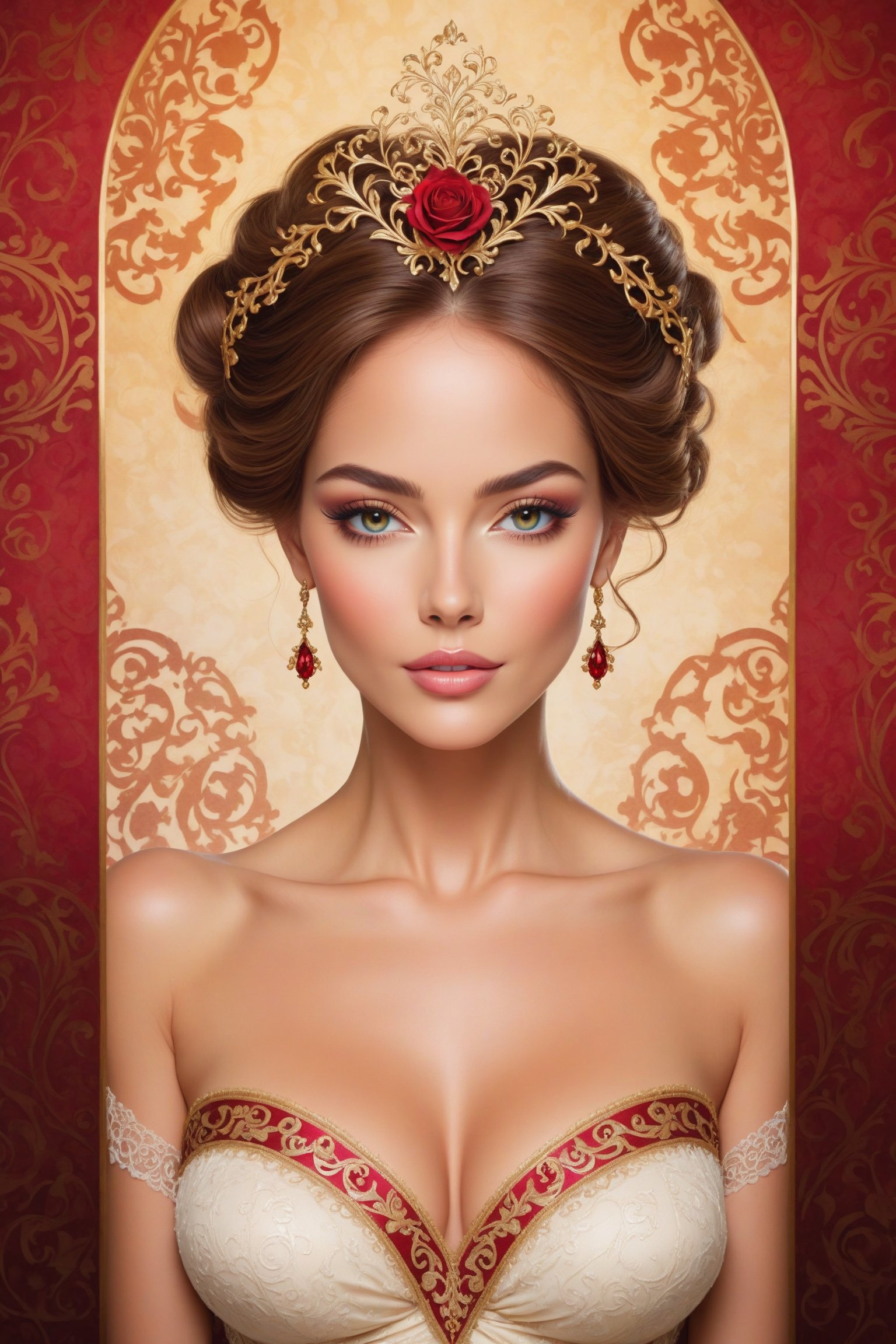 Create a beautiful image of a stunning lady with an ornate and lovely background behind her.,DonMM4g1cXL 