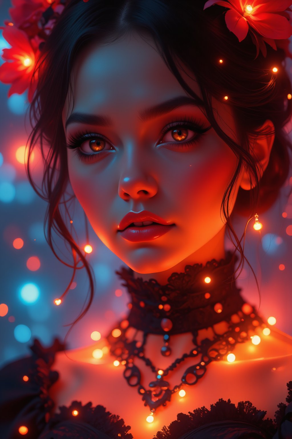 create e a stunningly beautiful witch,glowing,bright,luminous skin,glowing brightly,warm light,radiant,soft,glowing skin and vibrant, luminous features,glowing visual effects,glowing particles,neon