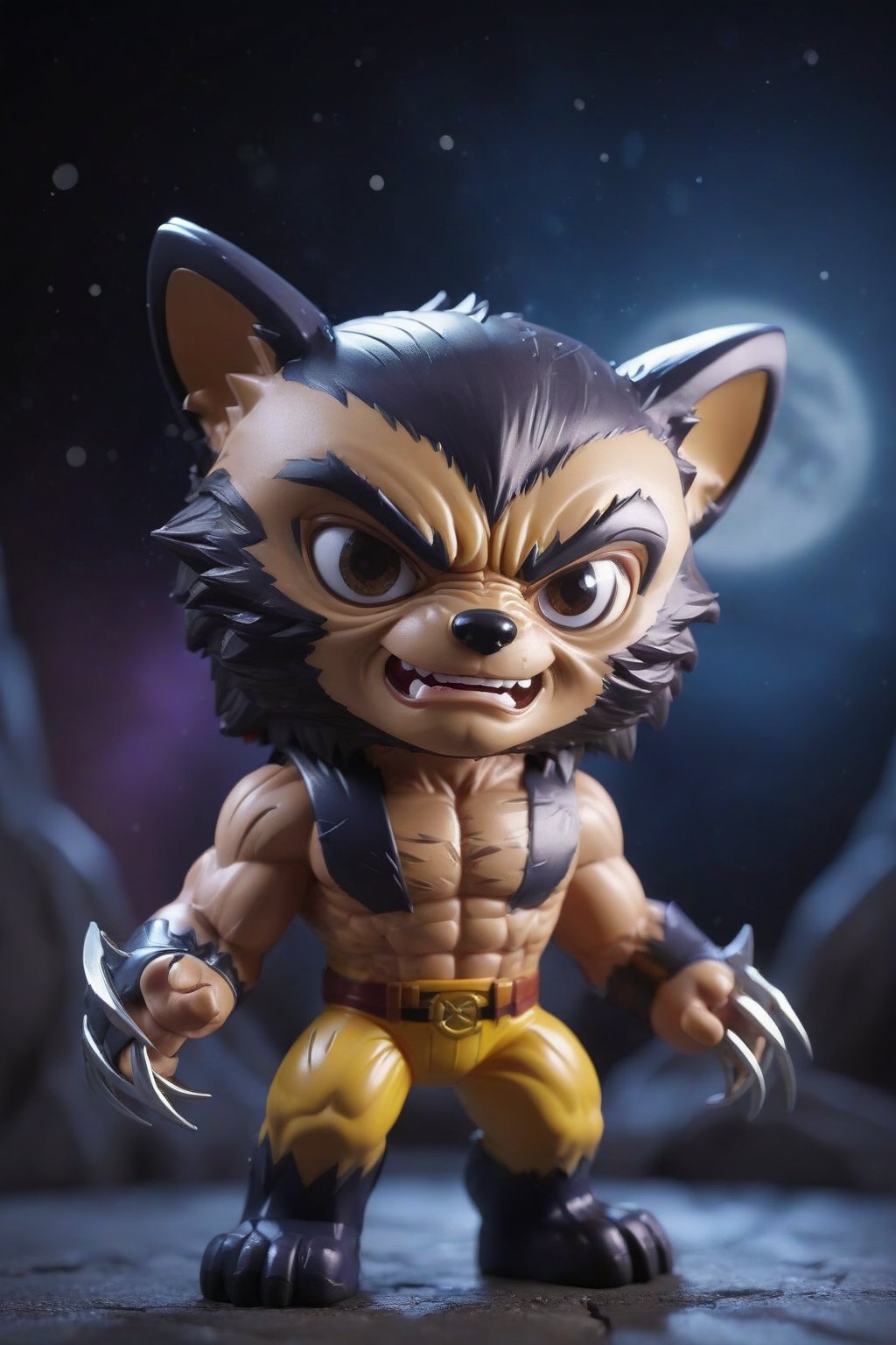 close up angle of (( toy),( 3d Wolverine figure ))(lightning) detailed focus, deep bokeh, beautiful, , dark cosmic background. Visually delightful , 3D,more detail XL,chibi,werewolf