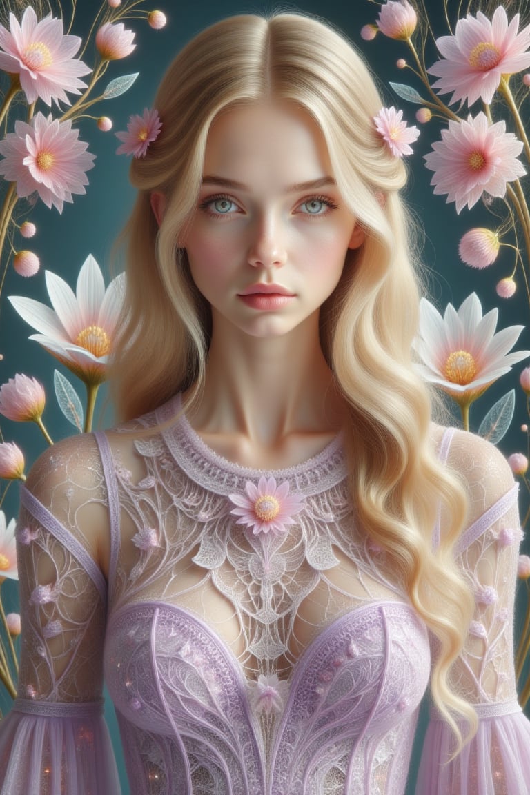 a beautiful young woman, long blonde hair, pale soft skin, lilac coloured lace dress, soft colors, background with flowers, intricate details, hayv kahraman style