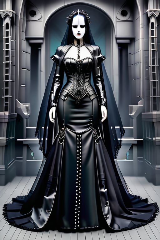 cyber, robot, gothic, ghost, wedding combination,goth person,noface robot ponyxl,score_9, score_8_up, score_7_up,mermaid-line wedding dress