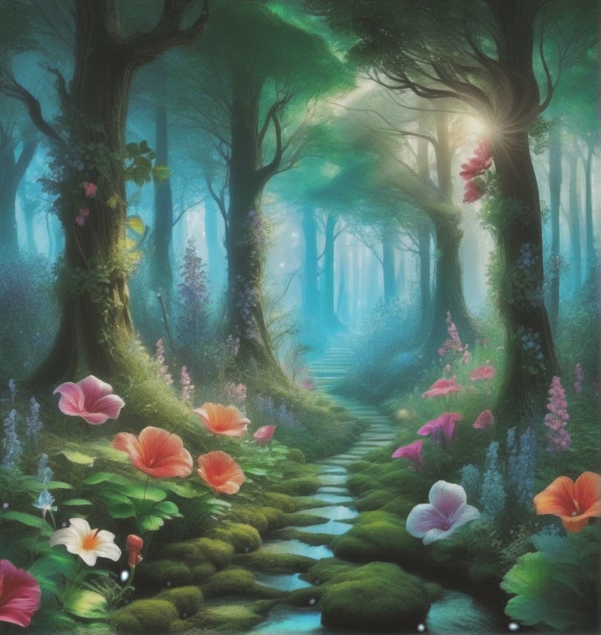 a fantasy forest, flowers come to life