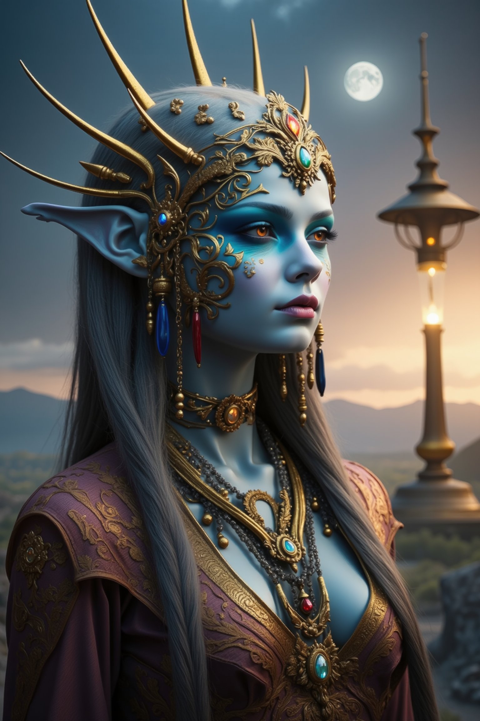 Create an alien female gypsy with an ornate landscape