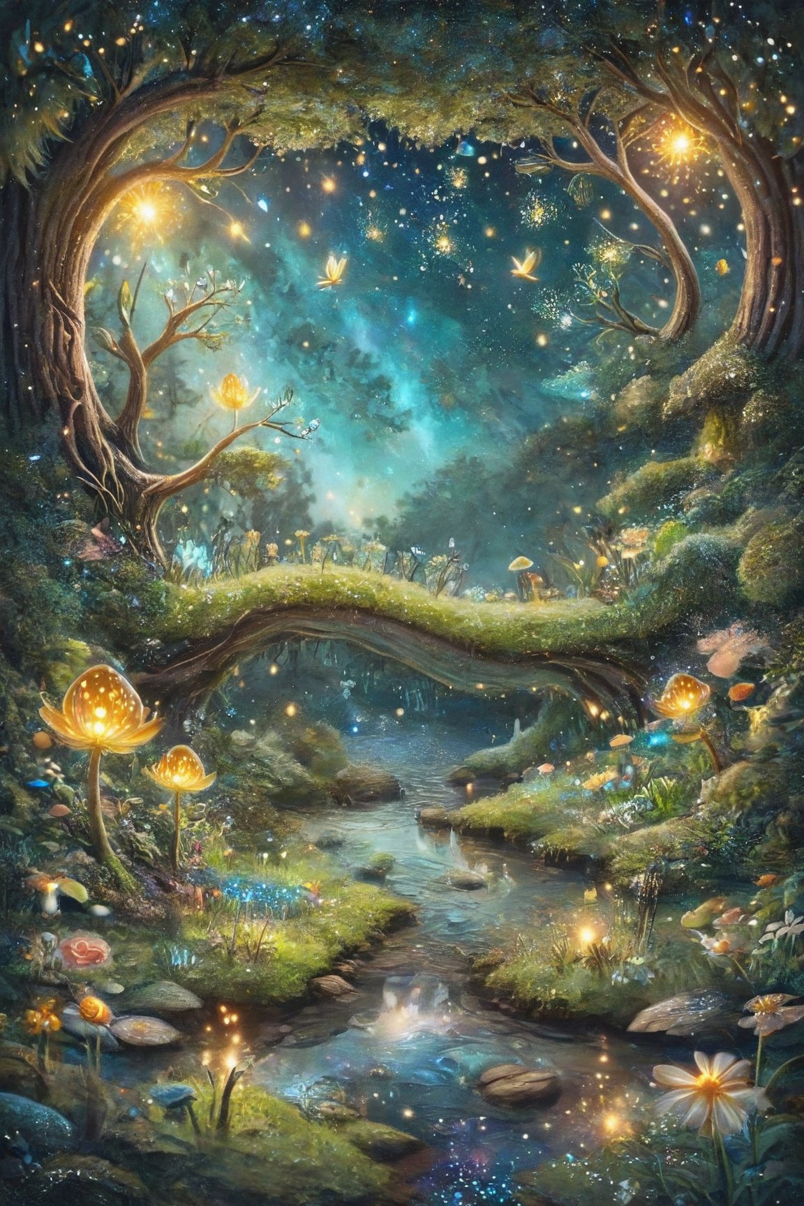 create a whimsical magic forest scene at night, fireflies, the stars are shining in the sky, the mooonlight refelcts the magicla flowers and trees, a small brook ripples gently,glitter,BugCraft