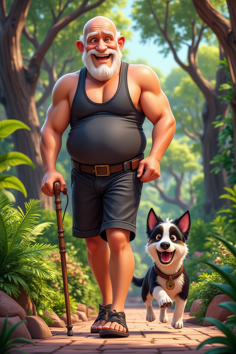 In a lively cartoon-style illustration, depict an elderly, chubby ((bald)) man with a white goatee beard. He is dressed casually in a pair of black shorts and a matching black singlet, enjoying a leisurely walk  beside a peaceful nature forest type walking path, lush, bushy trees and vibrant ferns, creating a serene, natural environment. The man walks with a beautifully carved walking stick, which features a rubber bottom for support. His expression is content and relaxed, clearly enjoying his stroll. Trotting ahead of him is his loyal black and white((more black than and white and smaller)) Fox Terrier dog, full of energy and leading the way with a cheerful bounce in its step. The scene is filled with a sense of peacefulness and companionship, capturing the simple joys of a walk in nature