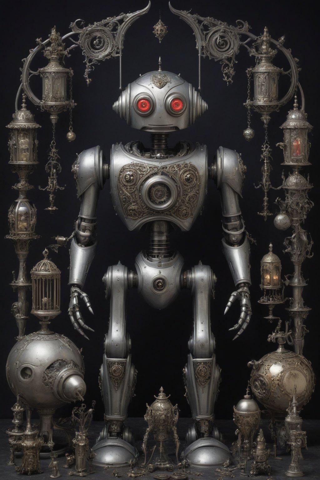 A gothic robot creation, surrounded by ornate, otherworldly objects,Gothic,more detail XL