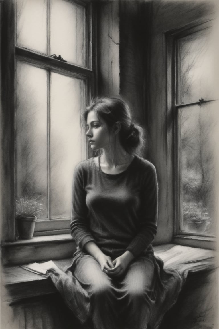 A sketch of a girl sitting at her bay window, appearing deep in thought, with a background and surroundings that evoke comfort. ,Charcoal drawing,Sketch,dark moody atmosphere,more detail XL