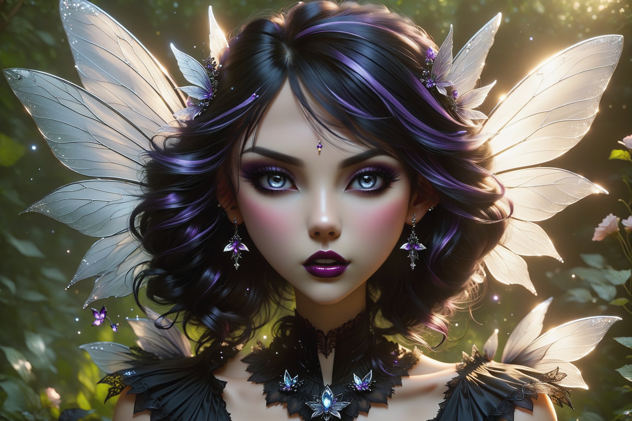 create me a fairy/goth/fanatsy hybrid,  her mouth is slightly open