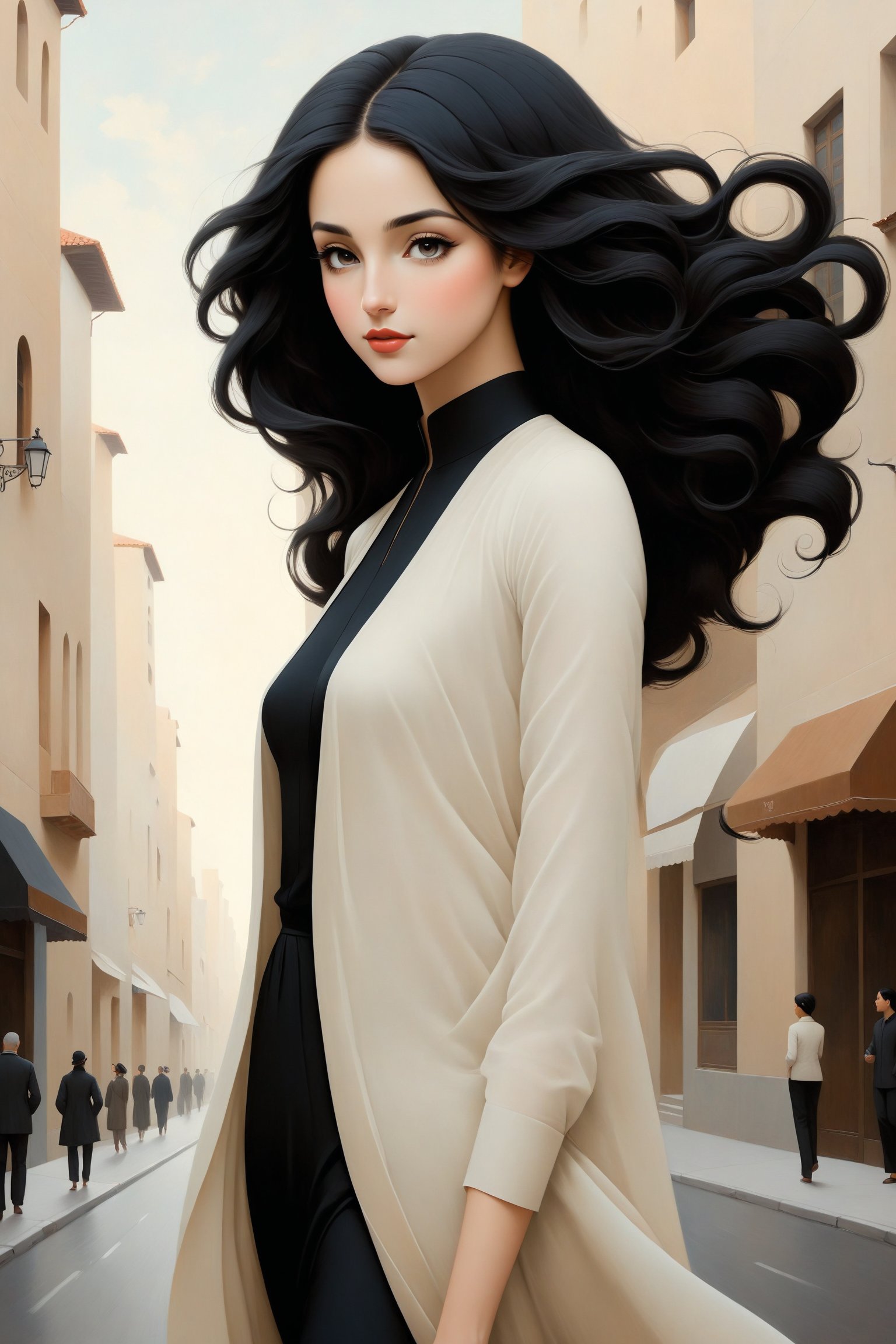 she is walking dpwn the street, beautiful, she is looking up, slight smile on her lips, her hair is long black,  high defintion, highly detailed, serene, hayv kahraman inspired art